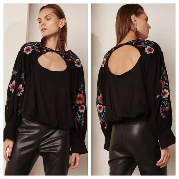 Free People Top Black Embroidered Floral Balloon Long Sleeve Button Size M - Picture 1 of 12